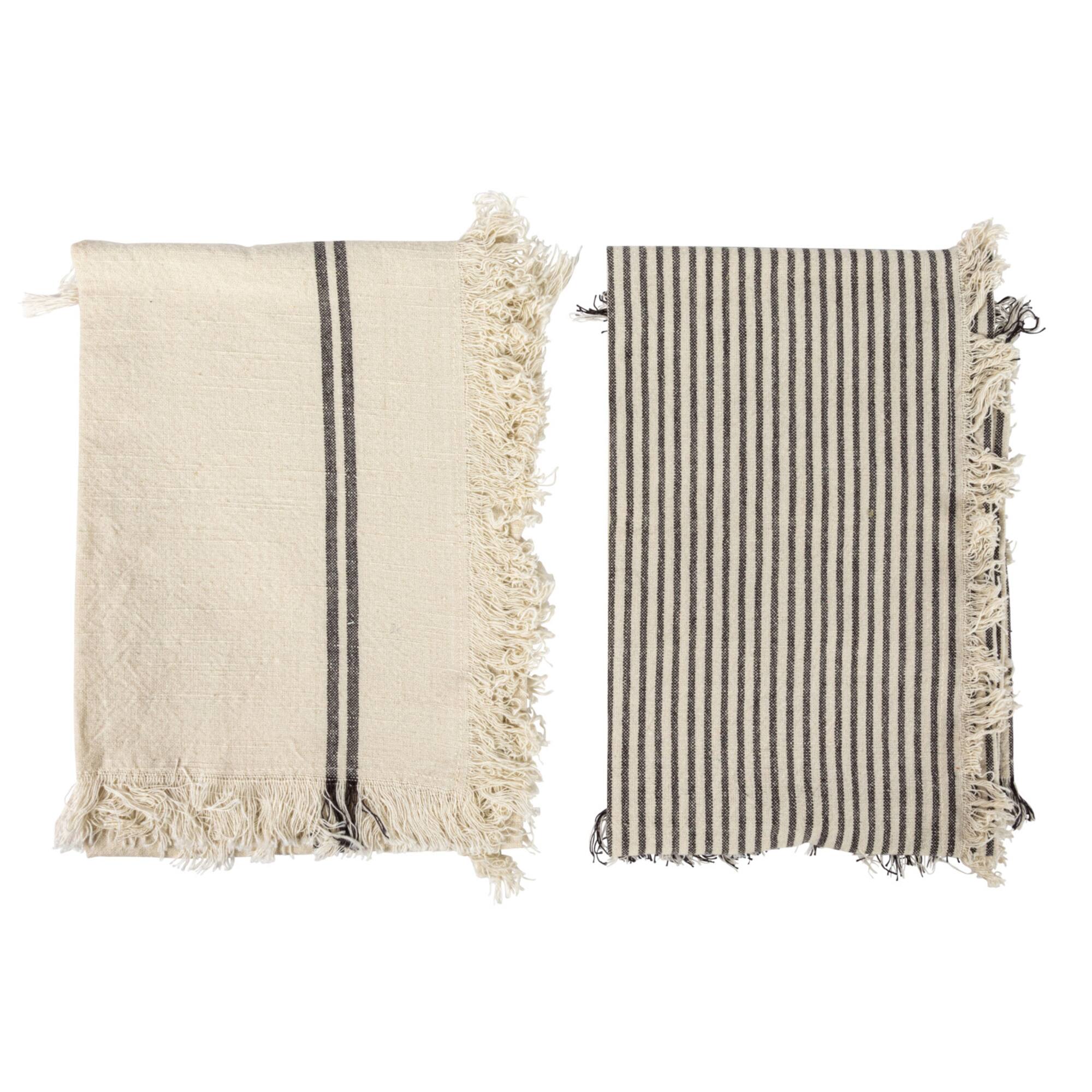 Hello Honey® Natural & Black Stripes Woven Cotton Tea Towels with Fringe Set